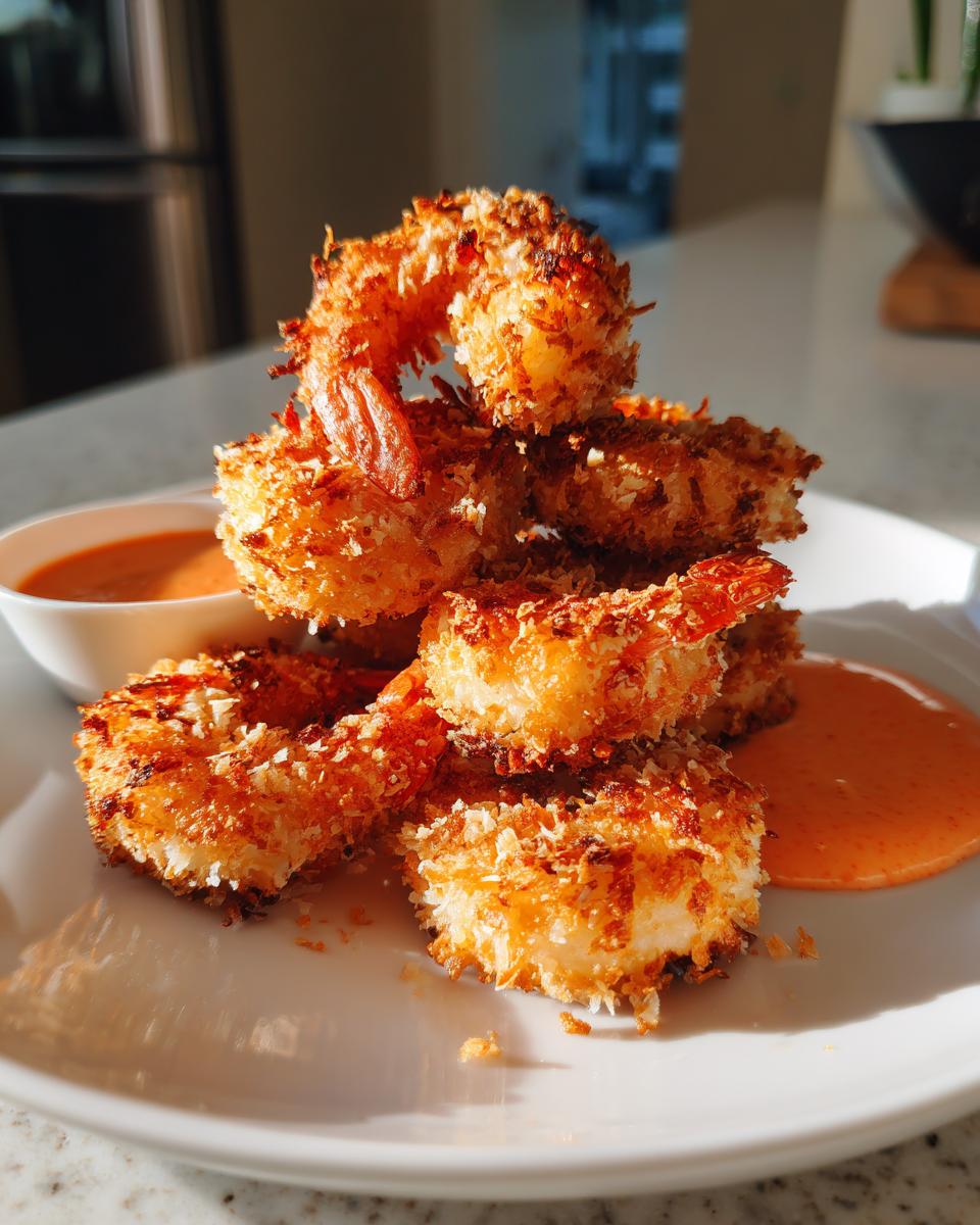 A stack of golden brown, crispy coconut shrimp served on a white plate with a side of orange dipping sauce.