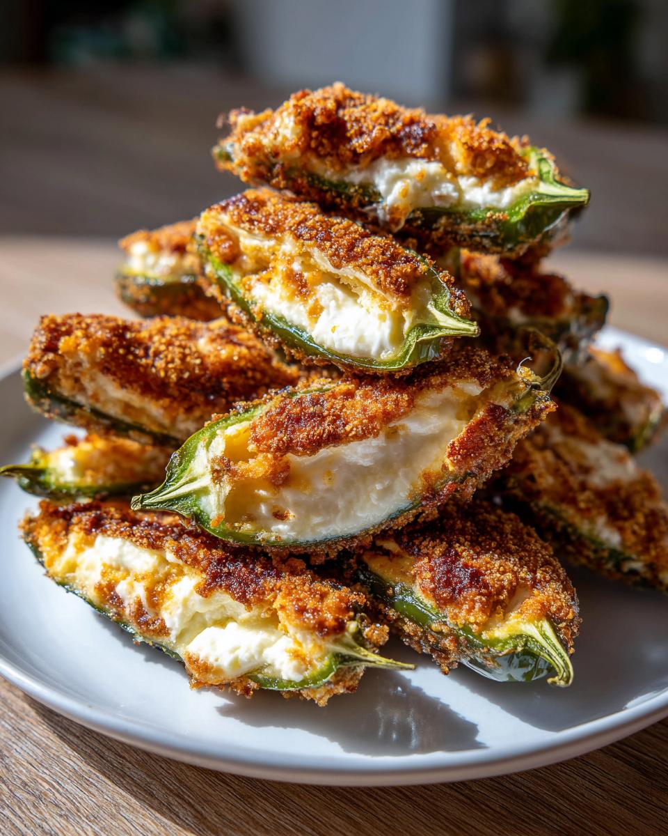 A stack of crispy, golden-brown baked jalapeño poppers, halved and filled with creamy cheese filling.