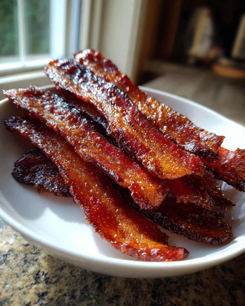 Close-up of several glossy, candied strips of Millionaire bacon piled in a small white bowl.