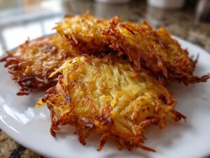 Close-up of several perfectly golden and crispy potato latkes stacked slightly on a white plate.