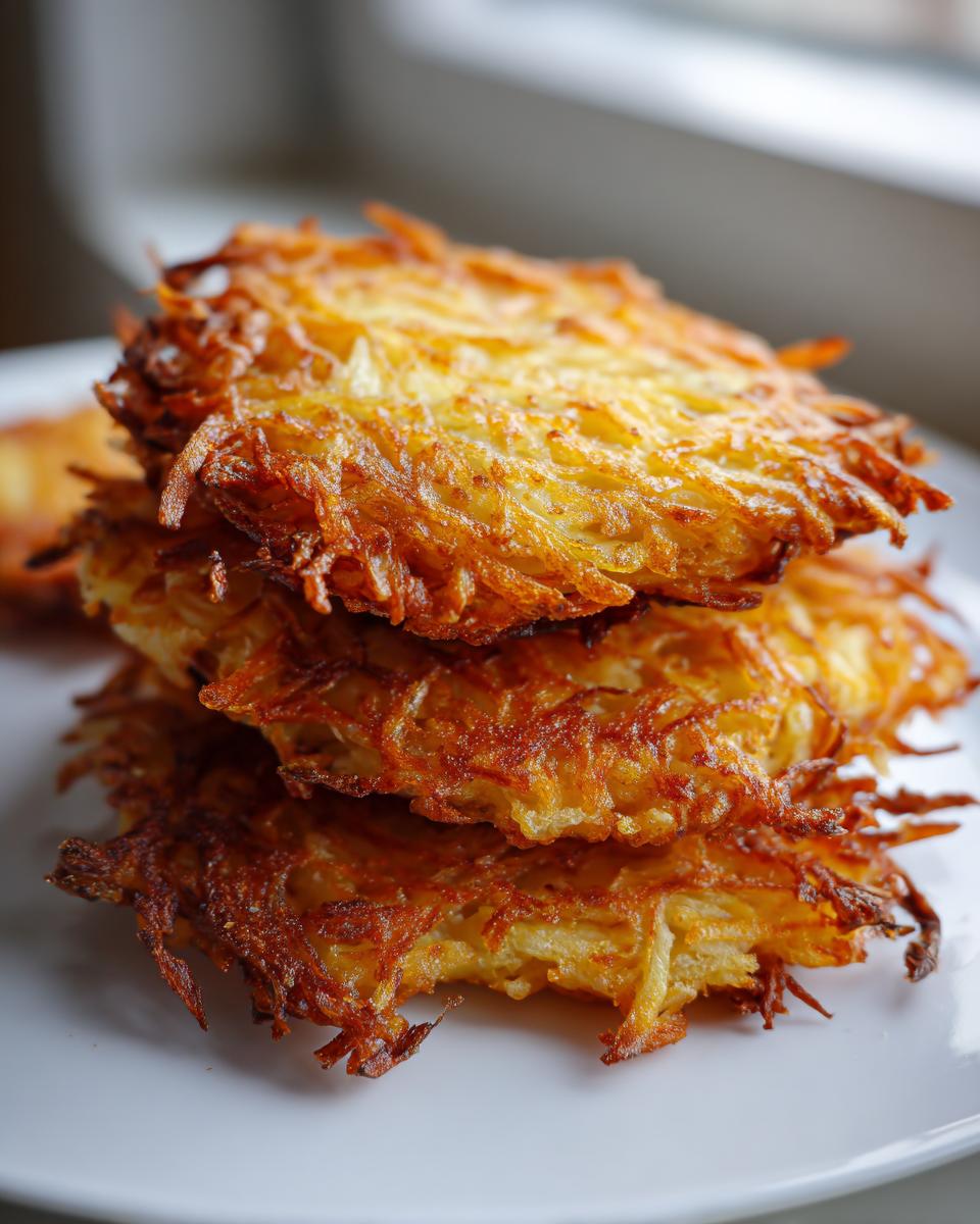 A stack of three golden brown, crispy potato latkes served on a white plate.