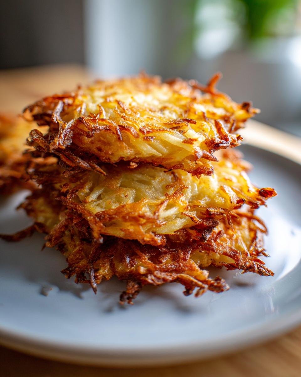 A close-up stack of four perfectly golden and crispy potato latkes piled high on a light gray plate.