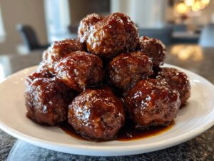 A close-up of several glossy Crockpot grape jelly meatballs piled high on a white serving plate.