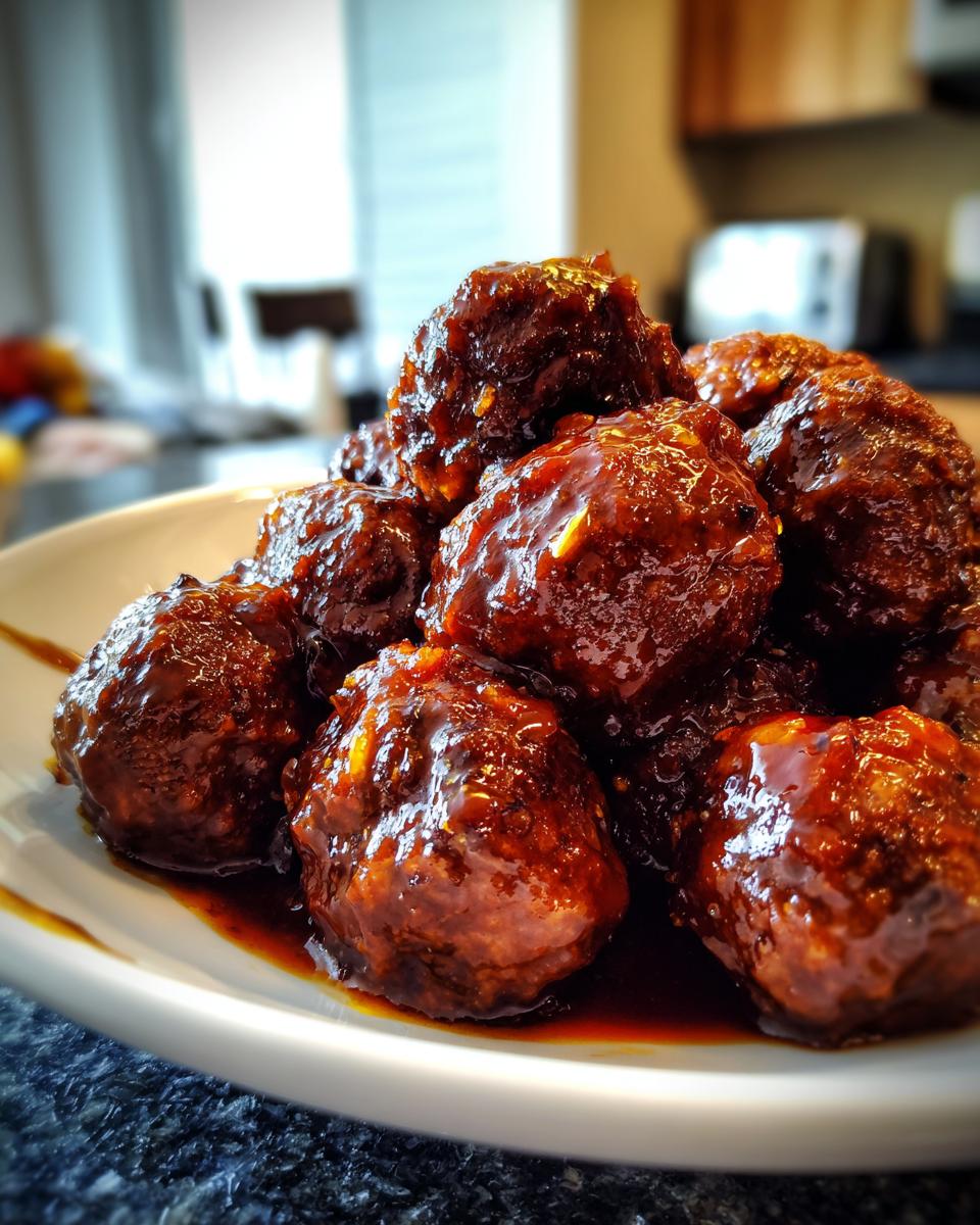 A close-up of several shiny, glazed Crockpot grape jelly meatballs piled high on a white serving plate.