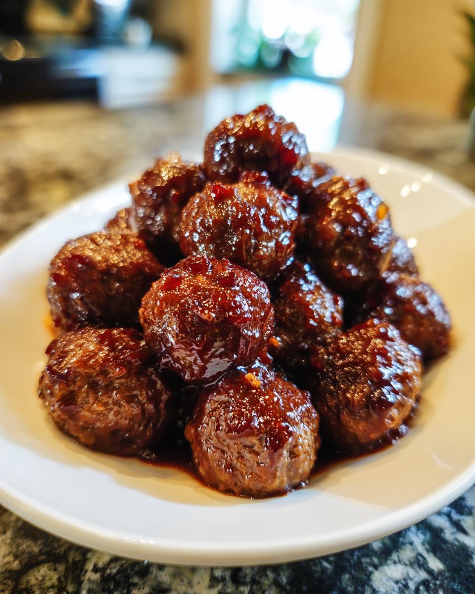 A pile of shiny, glazed Crockpot grape jelly meatballs served on a white plate.