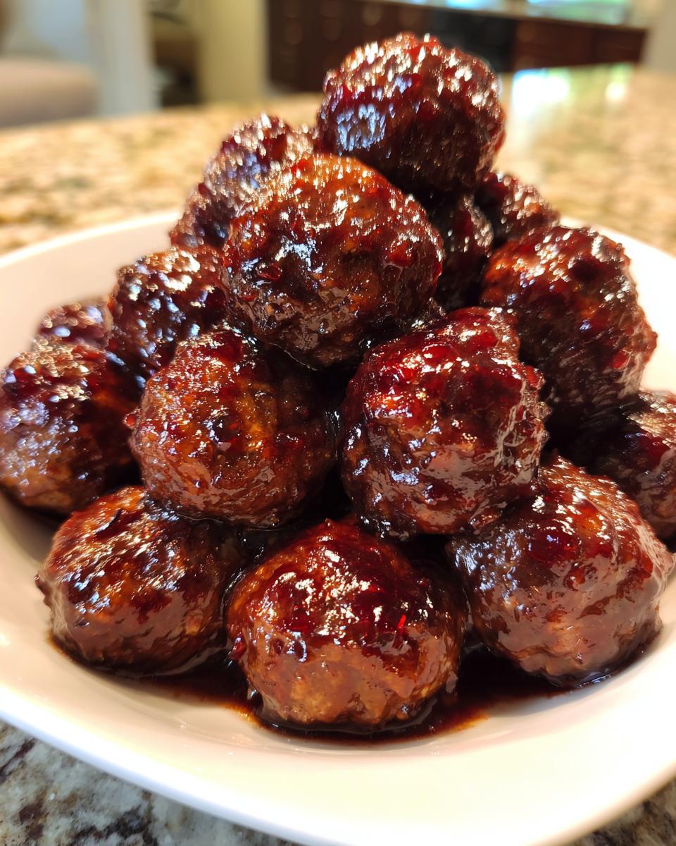 A close-up of a white bowl piled high with glossy Crockpot grape jelly meatballs coated in a dark, savory-sweet sauce.