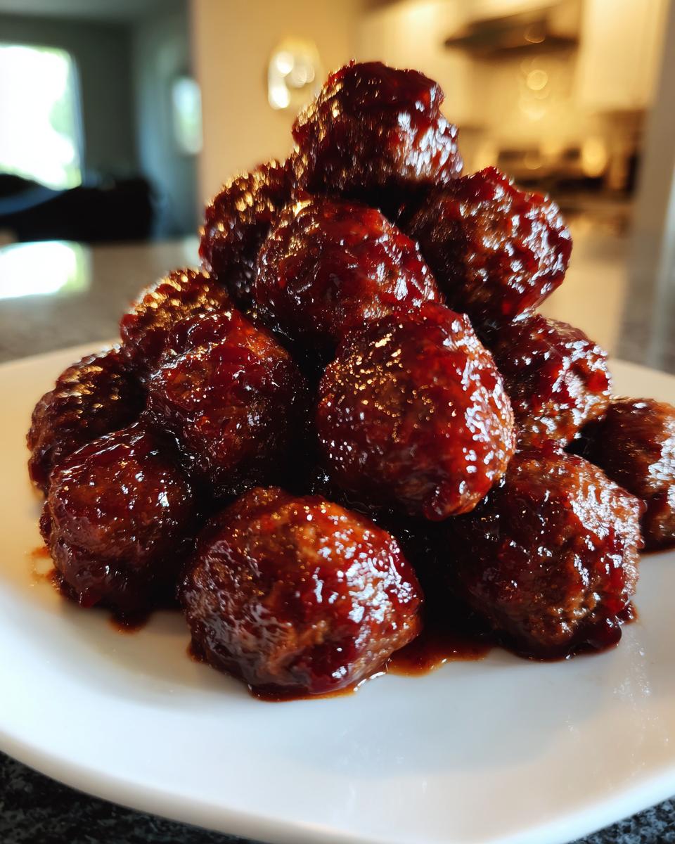 A mound of shiny, saucy Crockpot grape jelly meatballs piled high on a white plate.