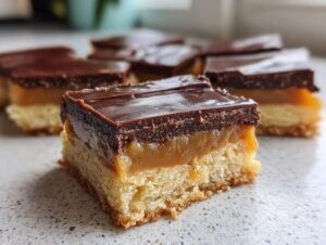 A close-up of a square Twix bar showing the shortbread base, thick caramel layer, and chocolate topping.