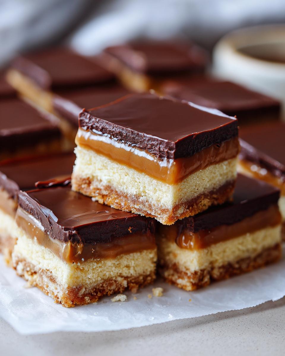 Three stacked squares of decadent 3-layer Twix bars showing a shortbread base, thick caramel, and rich chocolate topping.