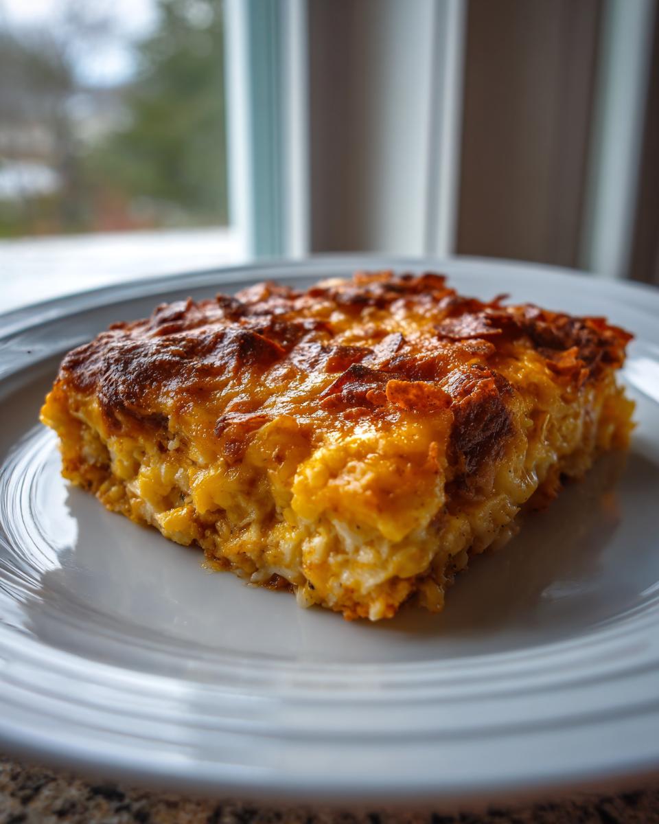 A square slice of baked Dorito Casserole with a golden, crunchy, cheesy topping served on a white plate.