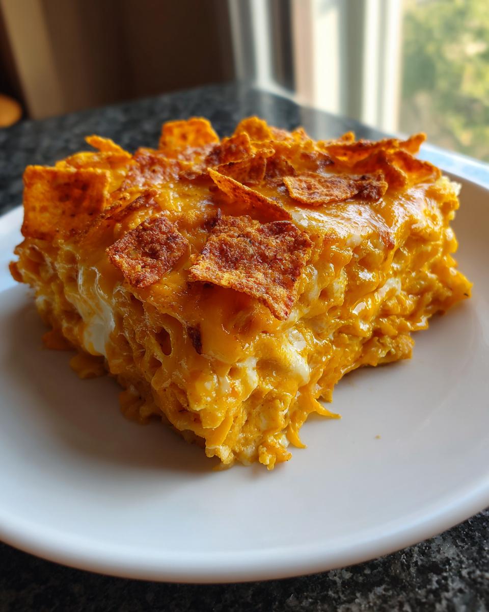 A square serving of rich, cheesy Dorito Casserole topped with baked, crunchy Doritos chips.