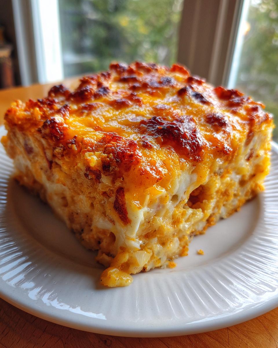 A square slice of cheesy, baked Dorito Casserole with a golden-brown, bubbly top on a white plate.