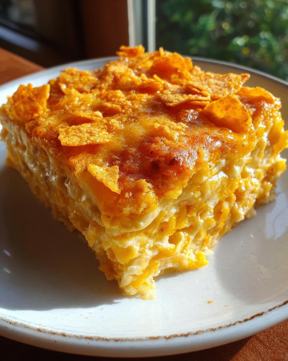 A square slice of creamy, cheesy Dorito Casserole topped with crushed, baked Doritos, served on a white plate.