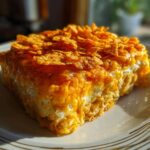 A close-up, golden slice of creamy Dorito Casserole topped with crunchy, seasoned chips.