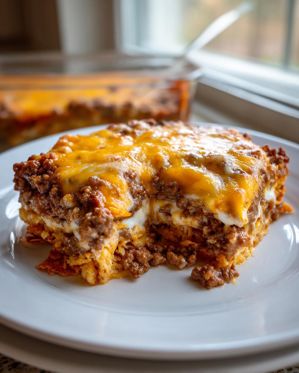 A hearty slice of doritos casserole with ground beef, creamy layers, and melted cheddar cheese on a white plate.