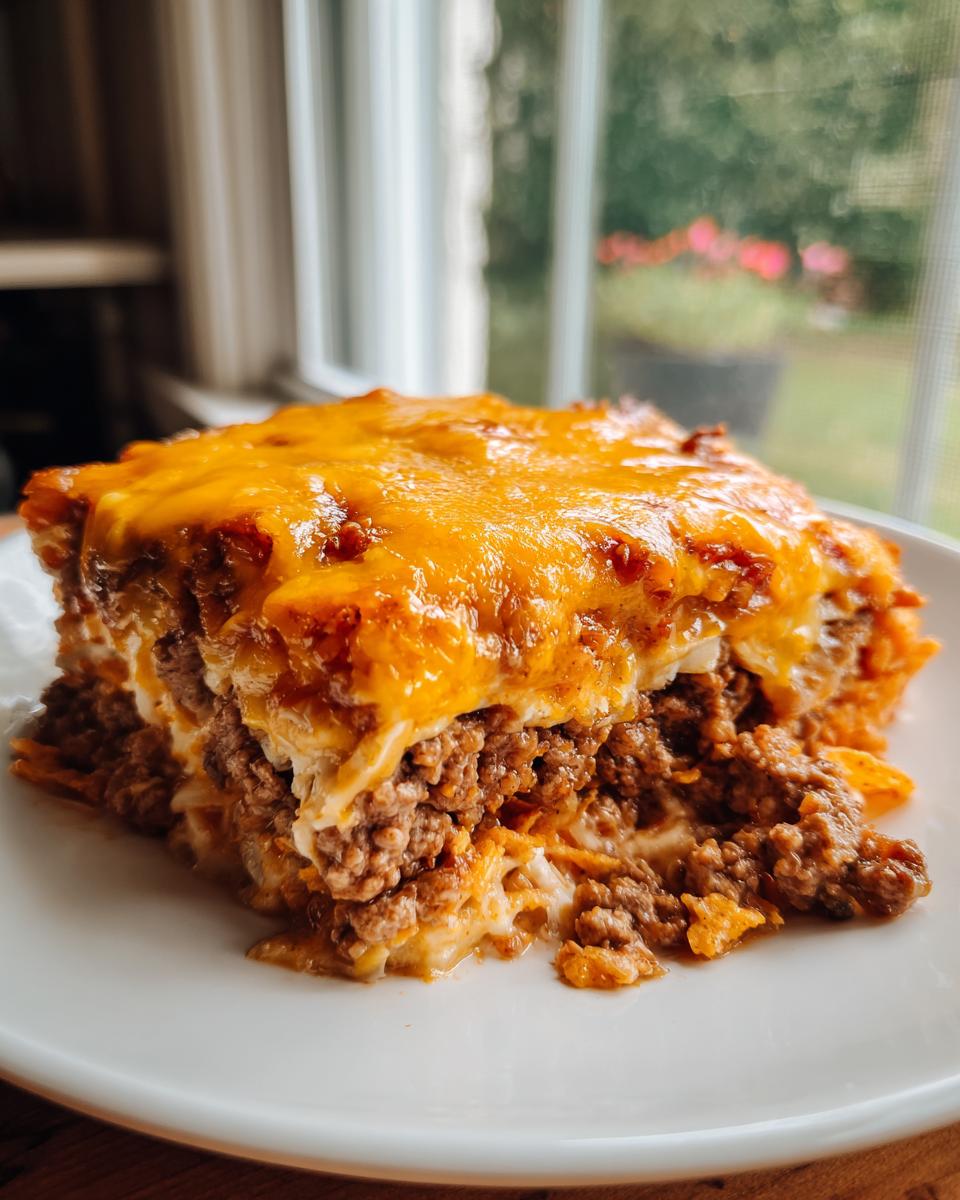 A close-up serving of cheesy doritos casserole with ground beef layered on a white plate.