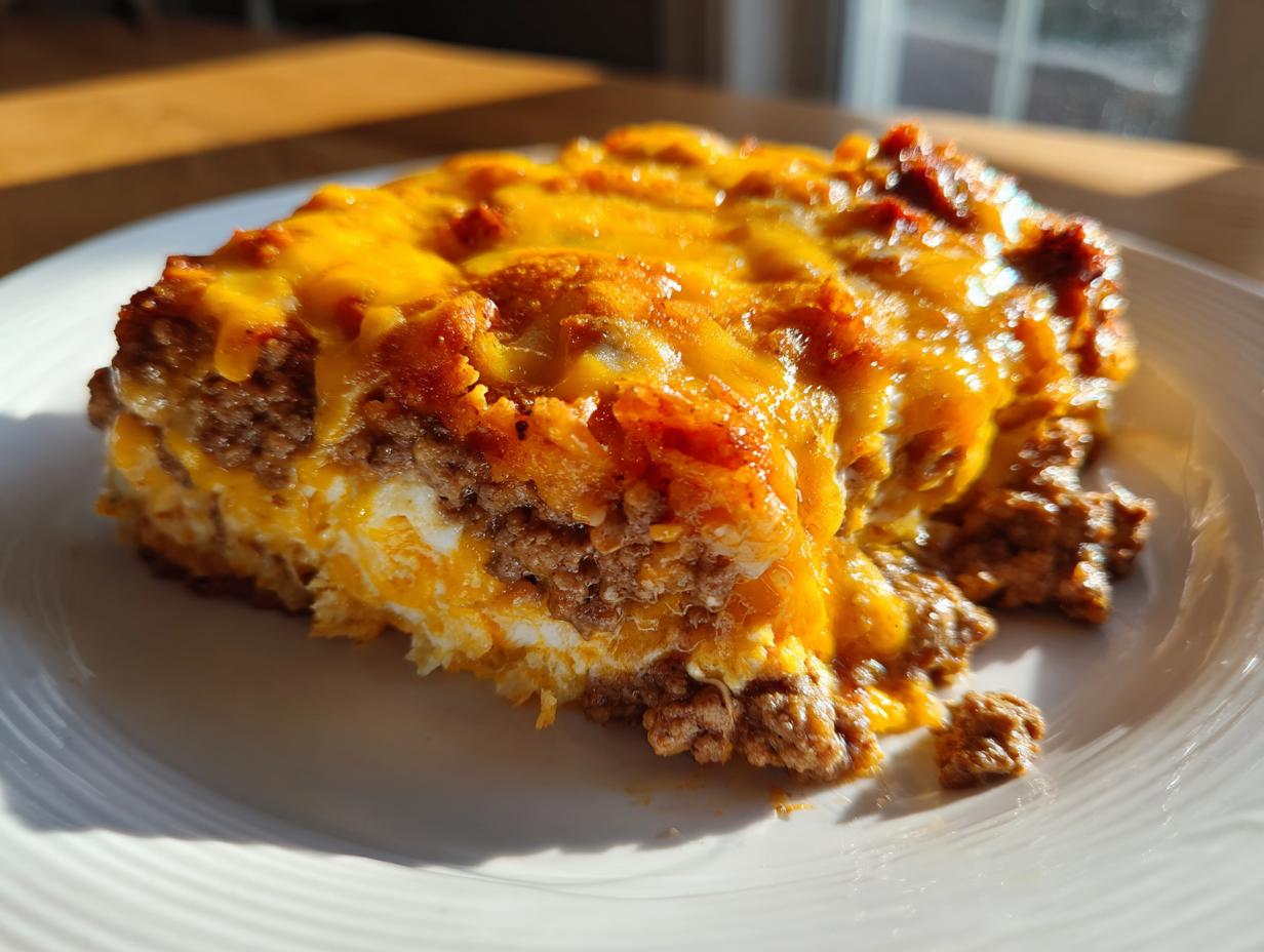 A close-up slice of cheesy doritos casserole with ground beef, showing melted cheddar cheese on top.