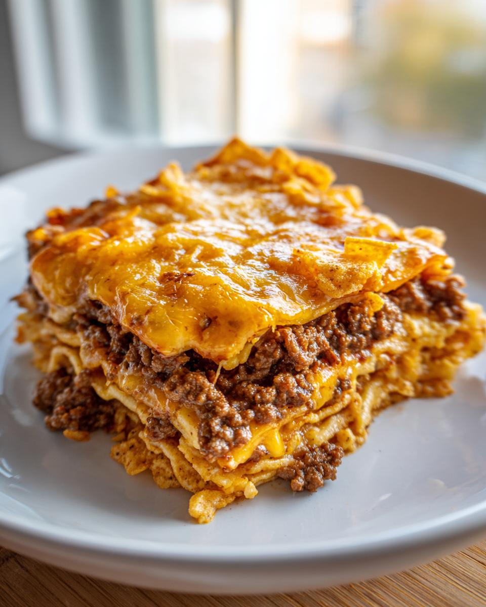 A close-up serving of layered doritos casserole with ground beef and melted cheddar cheese on a white plate.