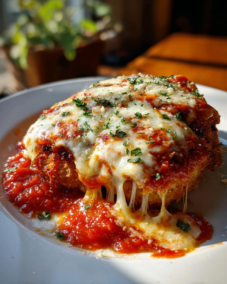 Close-up of a serving of Easy Chicken Parmesan covered in melted mozzarella and marinara sauce.