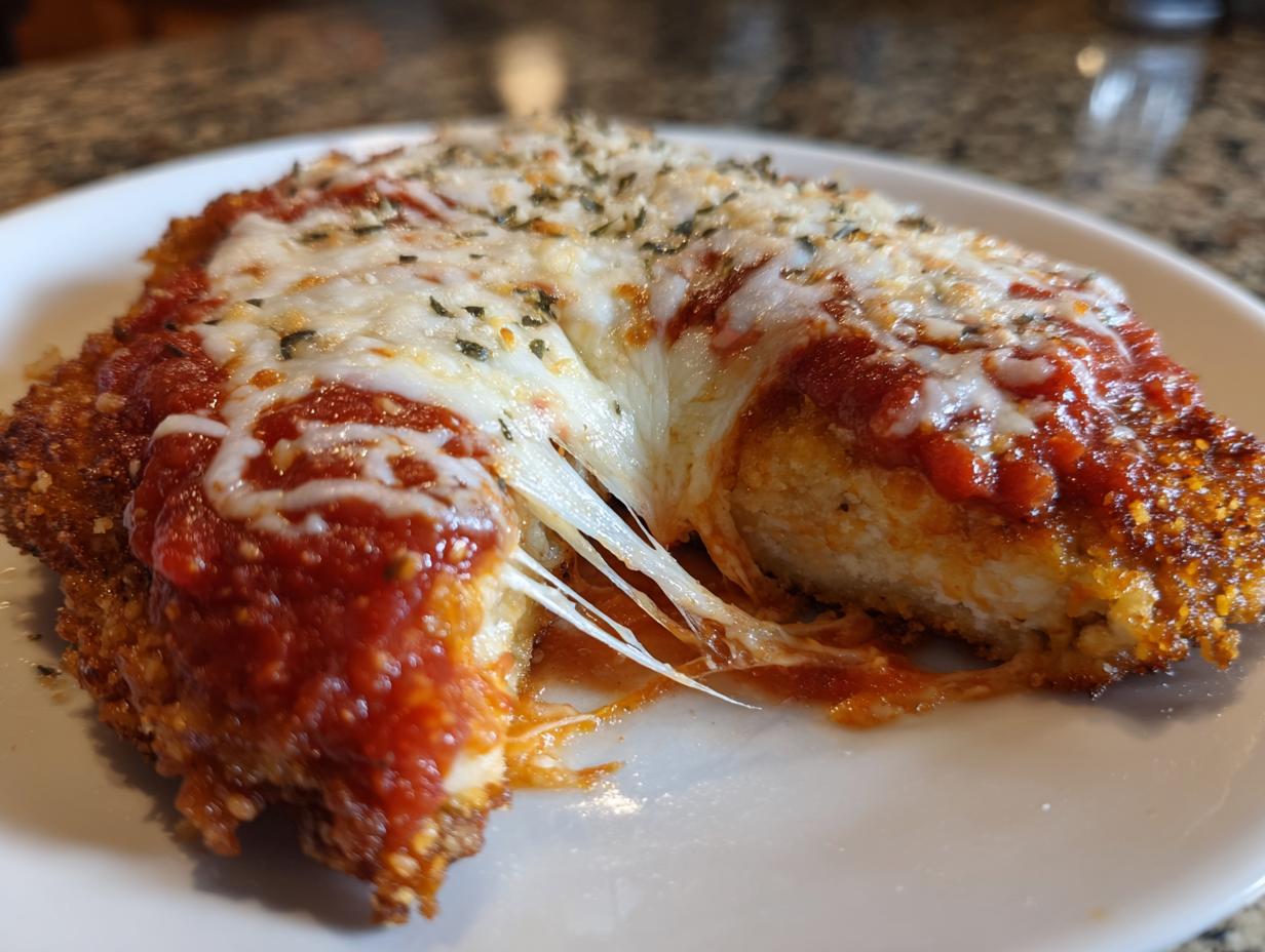 Close-up of a breaded chicken Parmesan cutlet topped with melted mozzarella cheese and marinara sauce, showing a dramatic cheese pull.