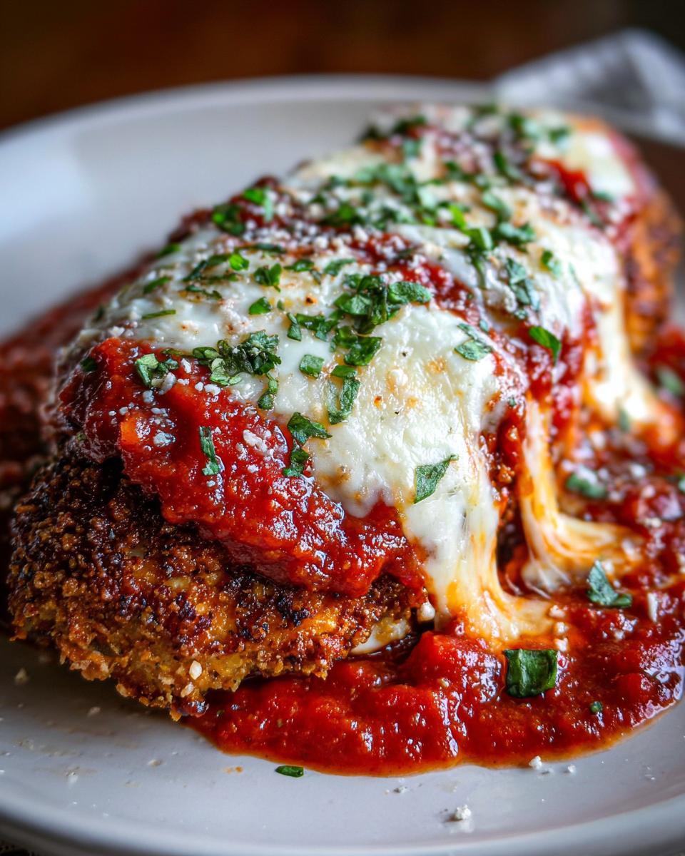 Close-up of a perfectly cooked Easy Chicken Parmesan smothered in marinara sauce and melted mozzarella cheese.