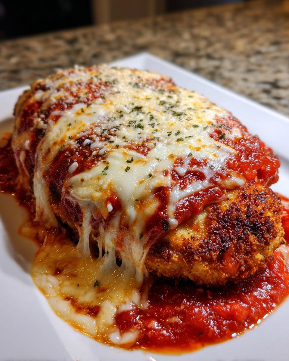 Close-up of a breaded chicken cutlet smothered in marinara sauce and melted mozzarella cheese, representing Easy Chicken Parmesan.