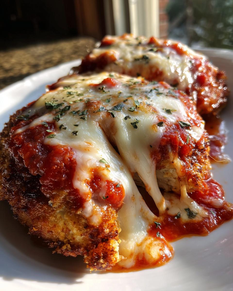 Close-up of golden-brown Easy Chicken Parmesan topped with melted mozzarella, marinara sauce, and herbs.