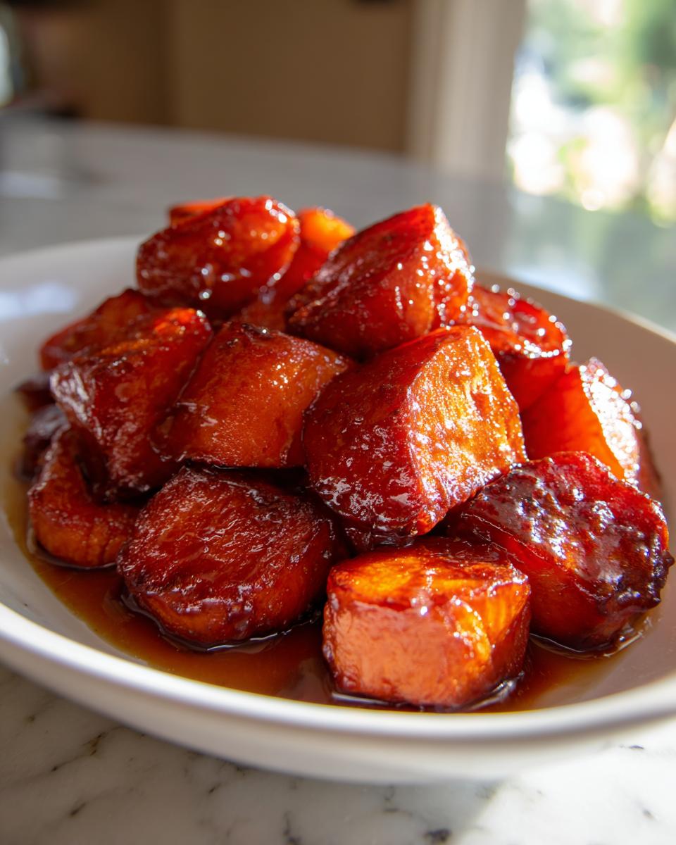 A close-up of perfectly glazed, cubed candied yams piled high in a white bowl with rich brown syrup.