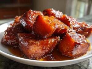 Close-up of rich, glossy, dark orange candied yams piled high on a white plate, covered in sweet glaze.