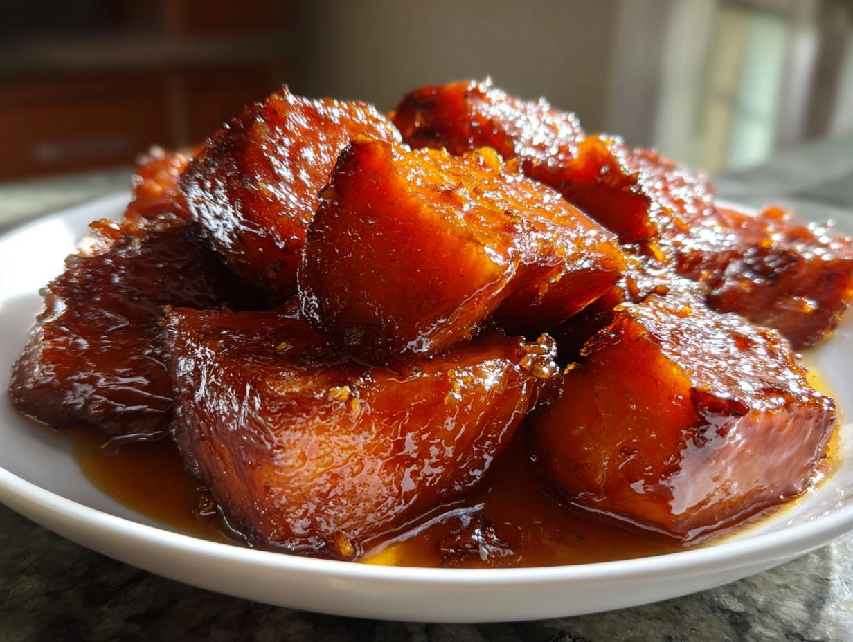 Close-up of rich, glossy, dark orange candied yams piled high on a white plate, covered in sweet glaze.