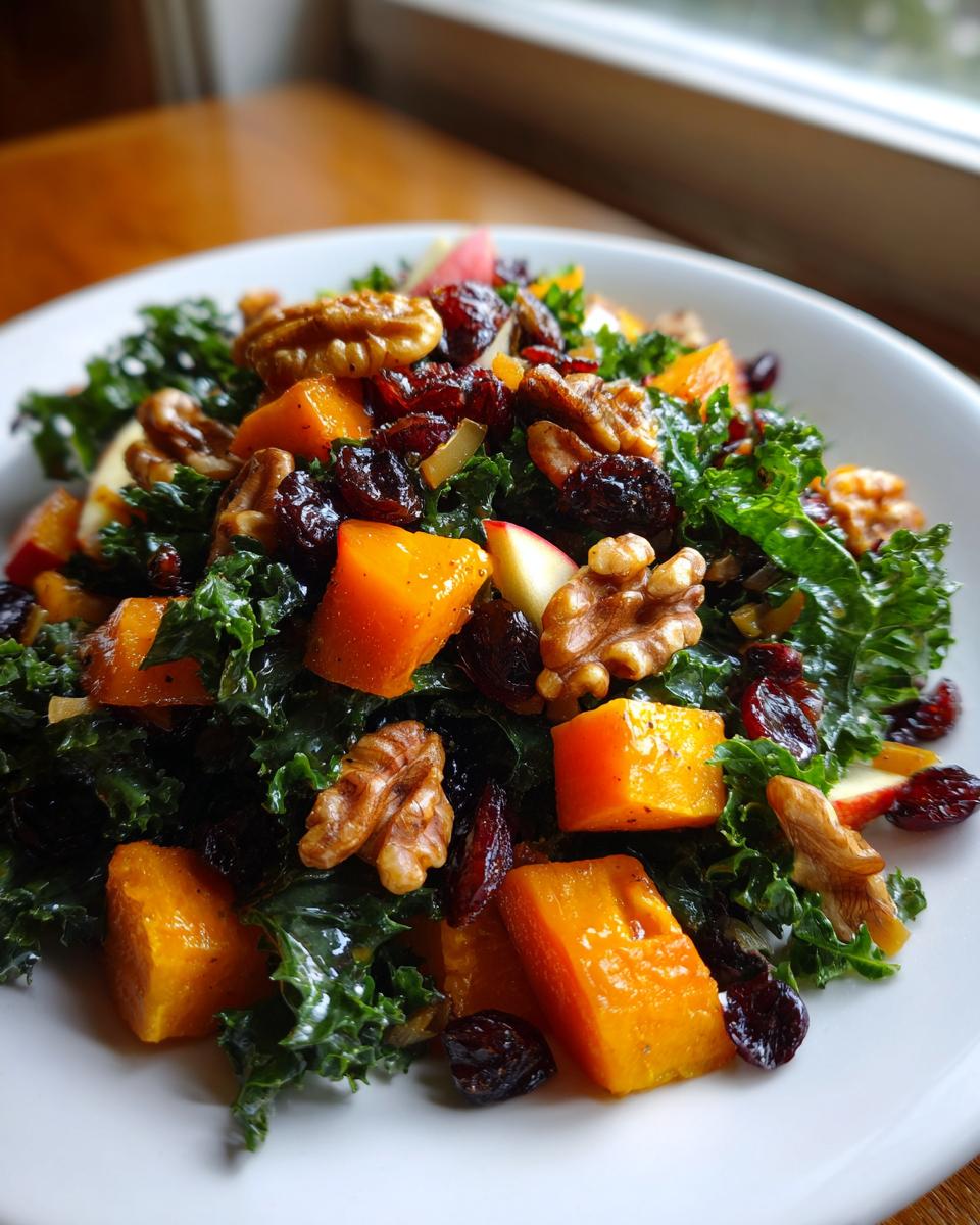 Close-up of a vibrant Fall Harvest Salad featuring dark green kale, bright orange squash cubes, walnuts, and dried cranberries.