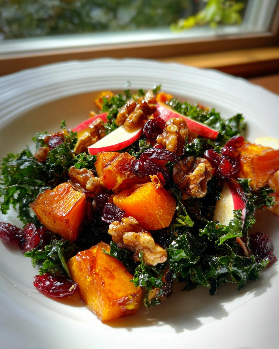 A vibrant Fall Harvest Salad featuring dark green kale, roasted orange squash cubes, walnuts, and dried cranberries on a white plate.