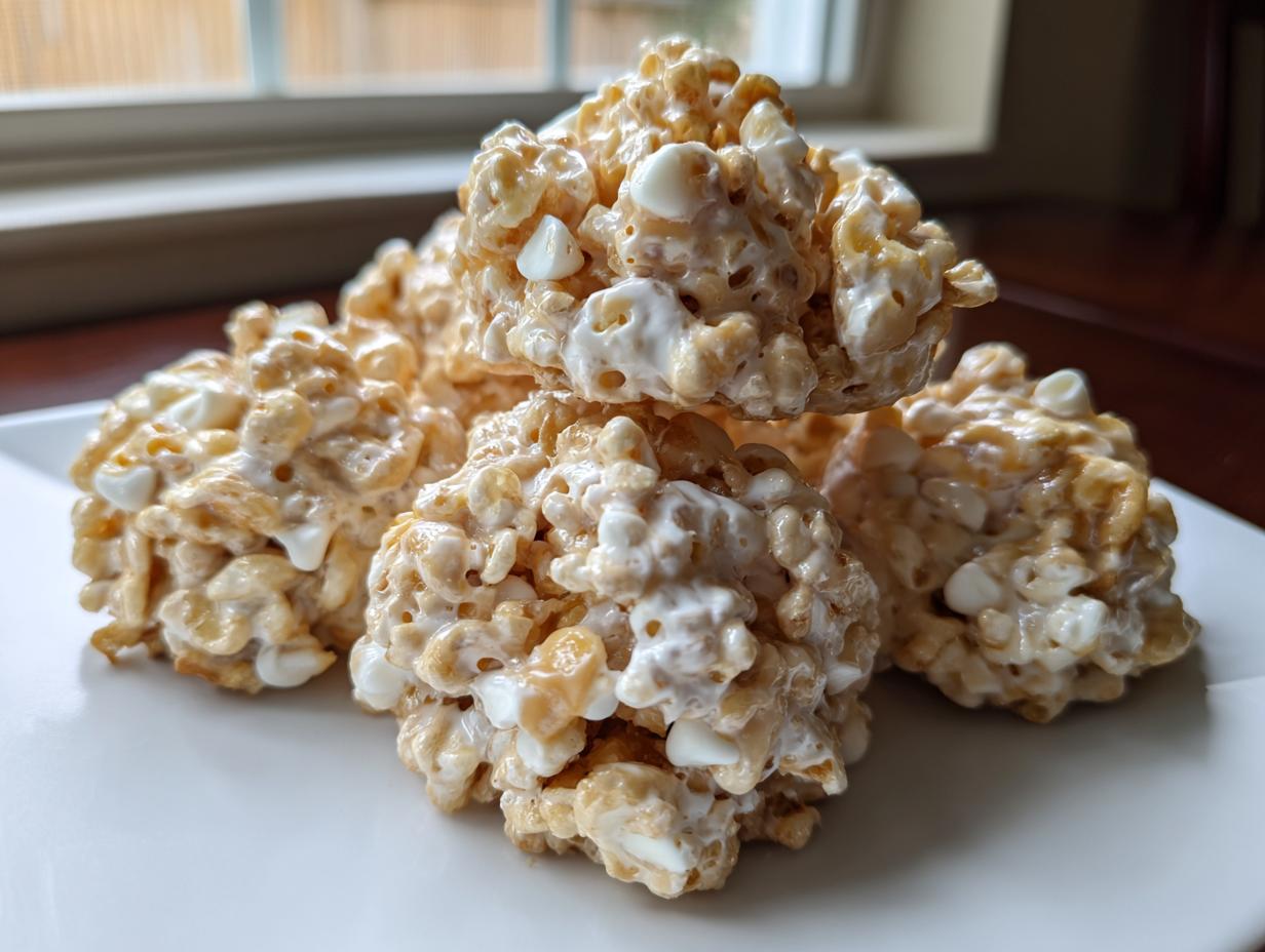 A stack of four homemade avalanche cookies made with cereal, peanut butter, and white chocolate chips.