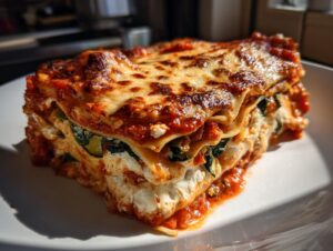 Close-up of a thick, layered slice of roasted vegetable lasagna showing melted cheese and vegetable filling.