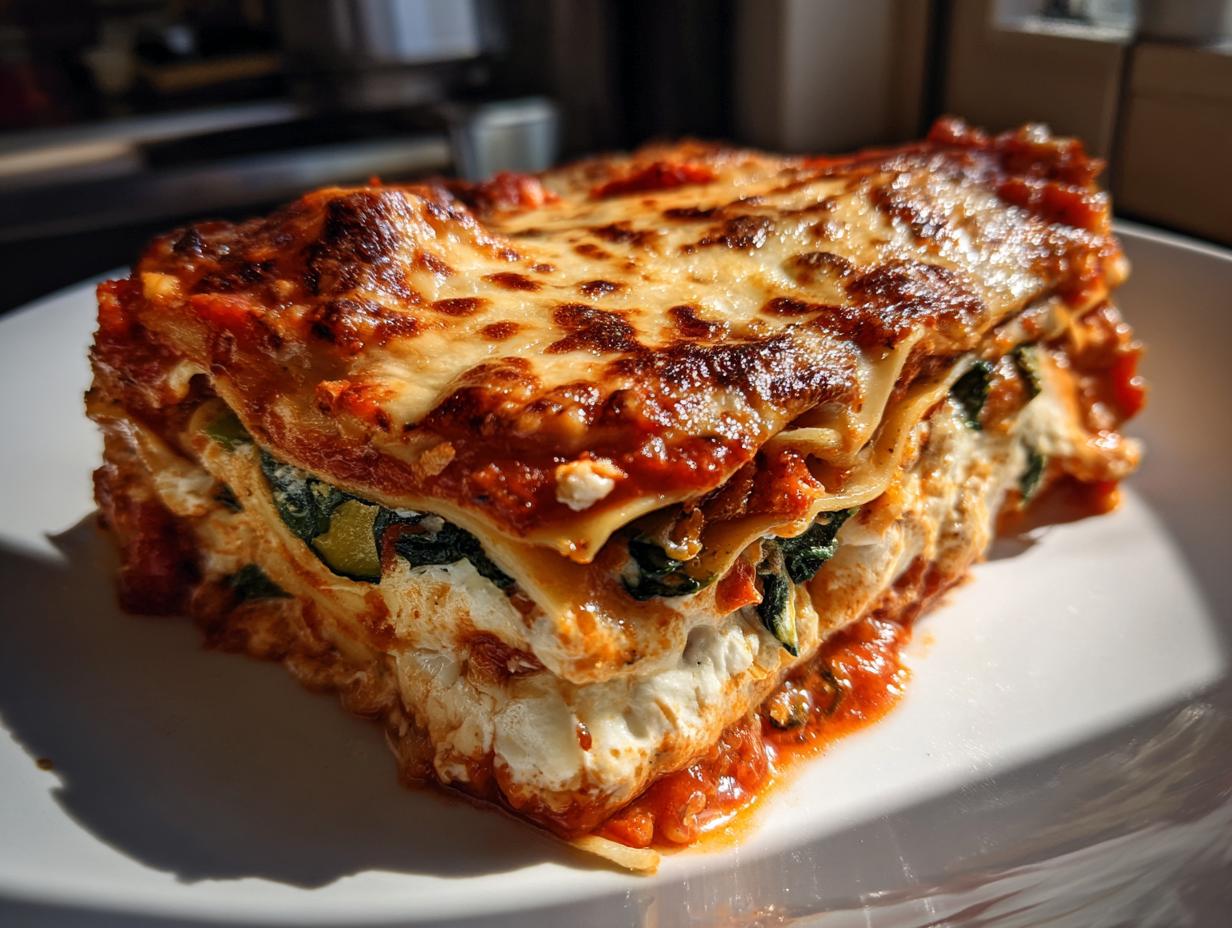 Close-up of a thick, layered slice of roasted vegetable lasagna showing melted cheese and vegetable filling.