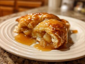 Close-up of a flaky apple dumpling cut open, covered in a rich, gooey caramel sauce.