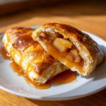 A flaky pastry apple dumpling cut open, revealing gooey spiced apple filling and caramel sauce.