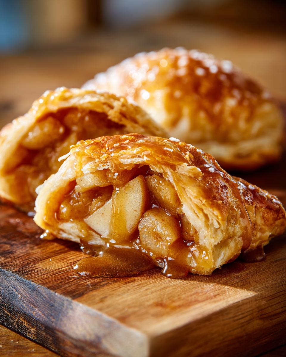 Close-up of a flaky apple dumpling cut open, showing warm spiced apple filling and gooey caramel sauce.