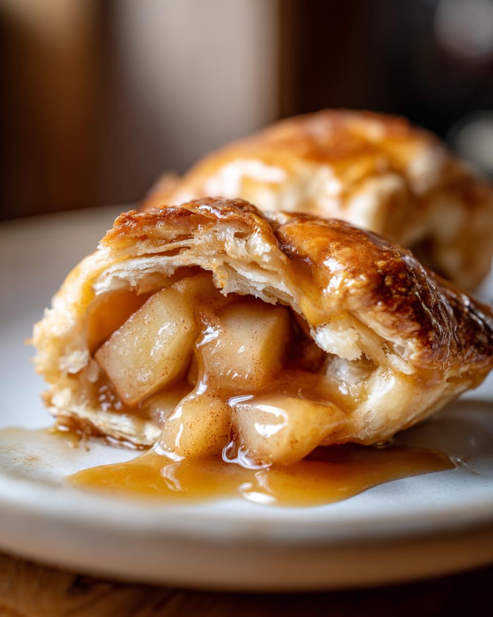 Close-up of a flaky apple dumpling cut open, revealing warm, gooey cinnamon-spiced apple filling.