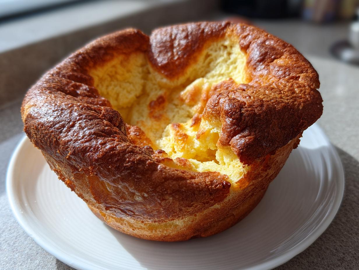 A single, tall, golden-brown Yorkshire pudding with a crispy exterior and soft interior, resting on a white plate.
