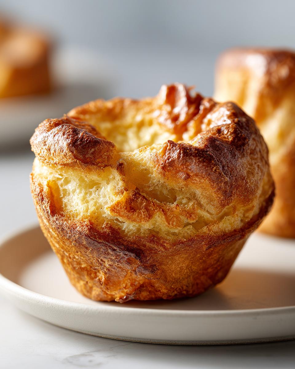 A single, perfectly risen, golden-brown Yorkshire pudding sitting on a light-colored plate.