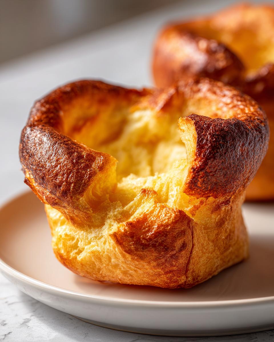A close-up of a golden-brown, perfectly risen yorkshire pudding with a crisp edge and soft interior.