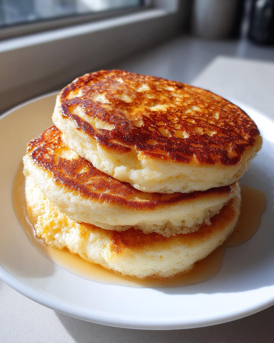 A close-up photo of three thick, golden-brown almond flour pancakes stacked and drizzled with syrup.