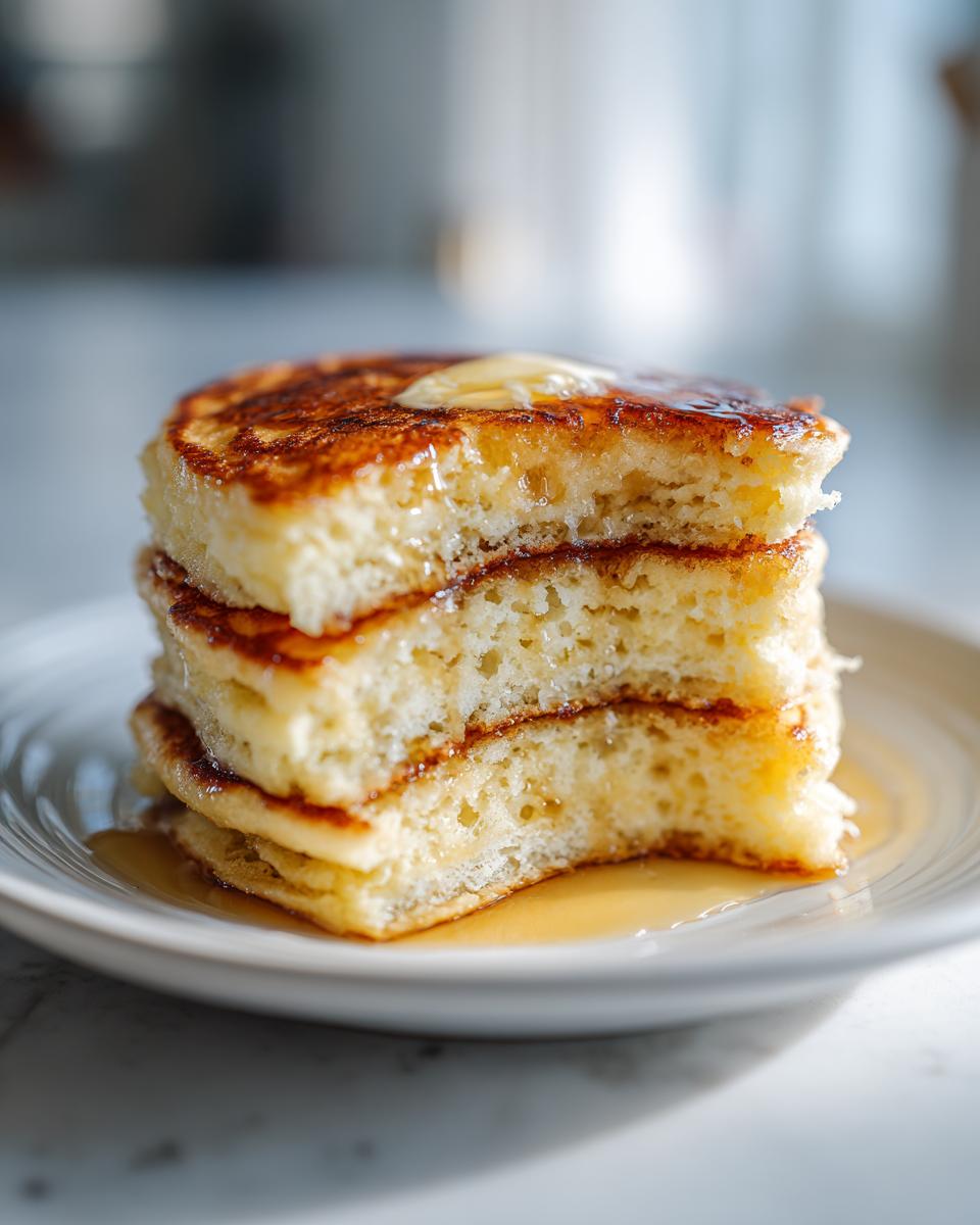 Close-up of a stack of three fluffy almond flour pancakes with a bite taken out, topped with melting butter and syrup.