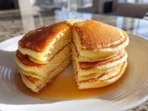 A stack of fluffy almond flour pancakes cut in half, topped with melting butter and syrup.