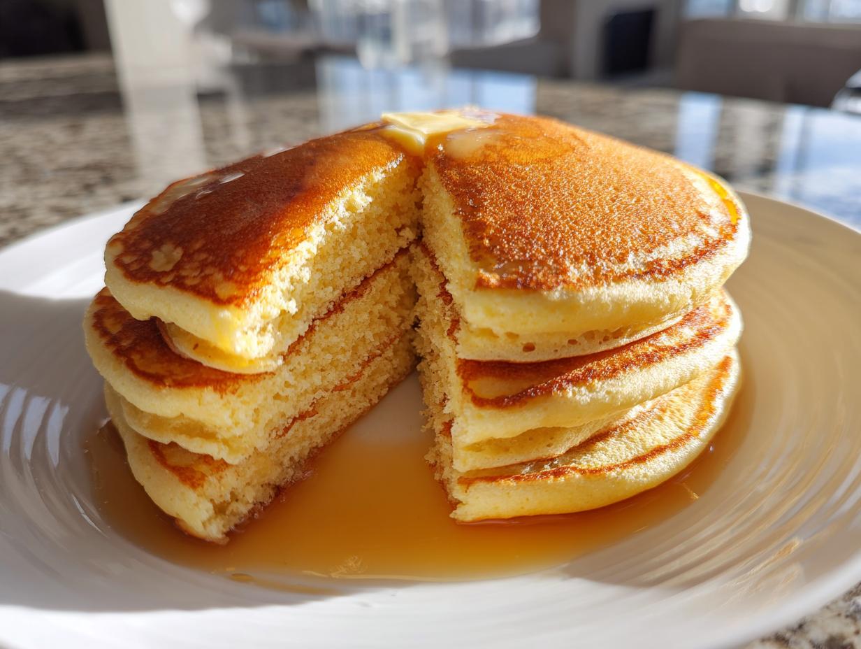 A stack of fluffy almond flour pancakes cut in half, topped with melting butter and syrup.