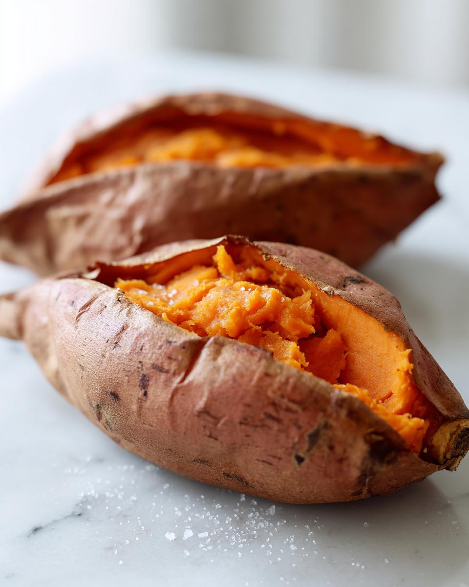 Two fluffy baked sweet potatoes split open, showing the bright orange interior and sprinkled with coarse salt.