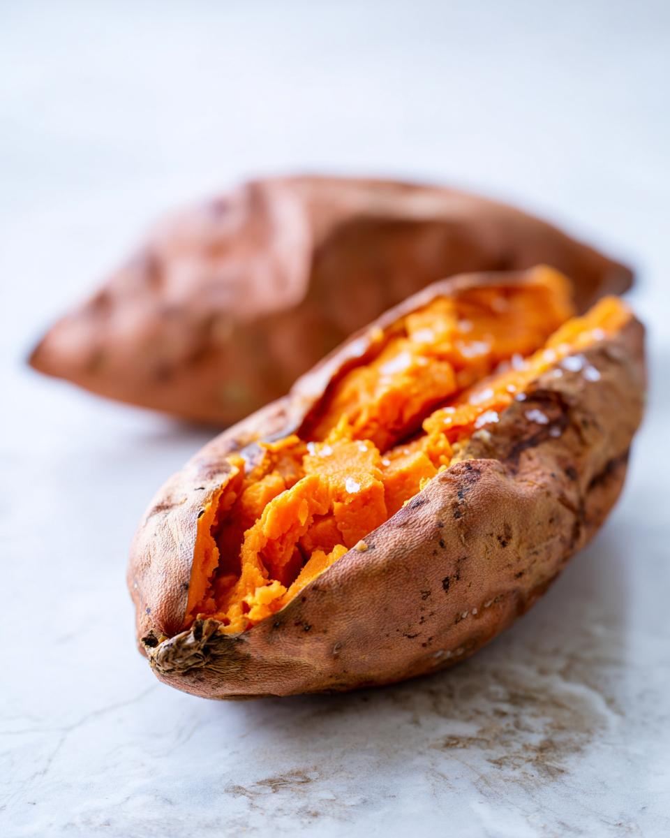 Close-up of a fluffy baked sweet potatoes, split open and sprinkled with coarse sea salt.