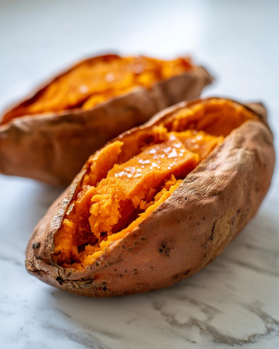 Close-up of two fluffy baked sweet potatoes, split open and sprinkled with coarse sea salt.