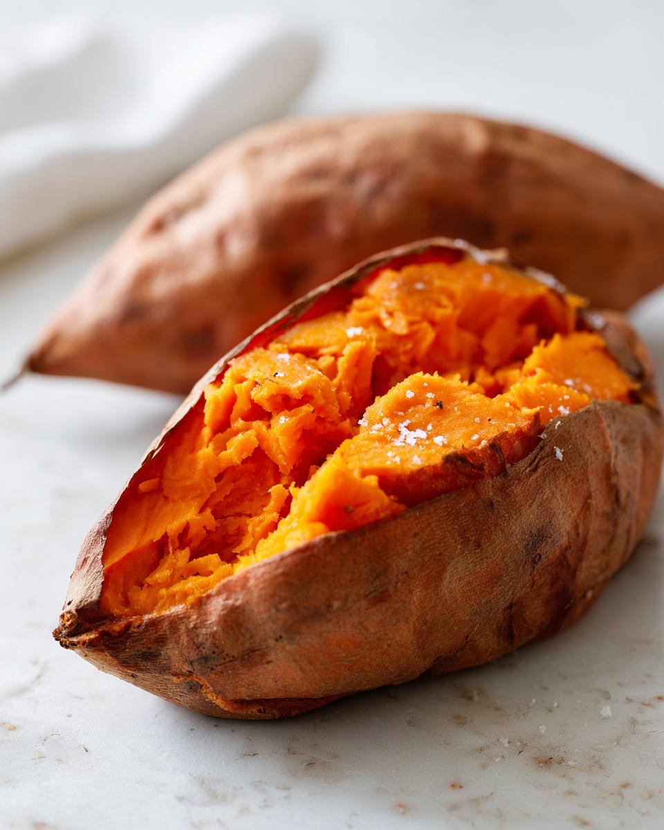 Close-up of a perfectly baked sweet potato, split open to show fluffy orange flesh sprinkled with sea salt.